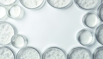 Poster - Petri dishes contain cultures on white backdrop forming frame for text. Lab glassware shows microbial research. Science investigation discovers biotech solutions. Germs, viruses studied in hospital