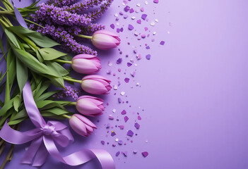 Sticker - Lilac ribbon, fresh purple tulips and mimosa branches. Happy International Women's Day