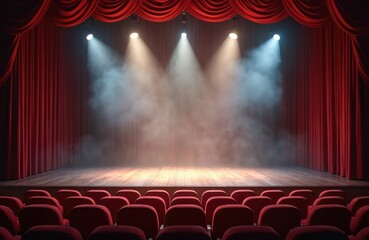 Aufkleber - Theatre stage with red velvet curtains, wooden floor and seats. Spotlights illuminate empty scene with fog, smoke. Warm ambiance colors for opera or entertainment show performance.