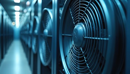 Poster - Close-up on fans in data center, cool airflow. Precise temperature control, energy efficiency high-tech environment. Cooling system, server room ventilation, information infrastructure, hardware