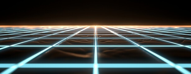 Poster - a futuristic grid of blue neon lines on a black background, symbolizing a digital and sci-fi concept