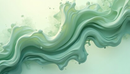 Poster - Illustration of flowing liquid sage green acrylic paint. Drops of pastel colors in water. Trendy fluid banner. Modern macro abstract background with ink motion effect, generative AI.