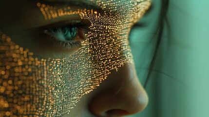 A high-tech screen showing a 3D-rendered AI face with expressive dynamic features and digital elements