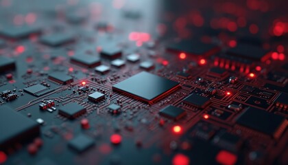 Fototapete - Black three-dimensional circuit board tech background with depth of field, red lights. Digital pattern, system. Electronic computer mother board for AI, cybespace, network, programming, connection