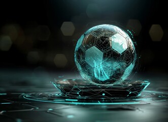 Poster - a radiant orb enmeshed in a lattice of lines, encircled by hexagonal designs within a blue and black