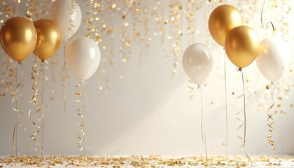 Poster - Celebratory airy setting features golden lights and scattered golden confetti. White and gold balloons float. It is perfect for birthdays baby showers or New Year designs. A festive mood is created.