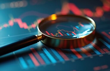 Poster - Magnifying glass rests on data chart analysis. Finance market trends, investment insights, corporate reports. Audit, analytics, business intelligence get visual focus. Stock analysis presented.