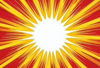 Fototapete - Pop art graphic shows abstract sun burst design. Rays create energy comic explosion effect with retro yellow and orange halftone pattern background and empty white space.