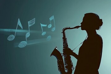 Poster - Jazz Musician Plays Saxophone as Musical Notes Dance in the Air During a Soulful Evening Performance