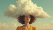 © miss irine - Surreal portrait of serene woman with curly hair, closed eyes and cloud instead of head against the daytime sky. Concept of inner peace, mental health, meditation, dreaminess, imagination.