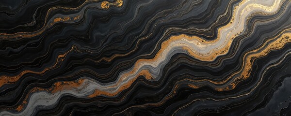 Fototapete - Luxury abstract fluid art illustration. Mixture of black, gray, gold resembles marble background, stone texture. Interior wall decorative tile design with wave pattern surface. Modern elegant