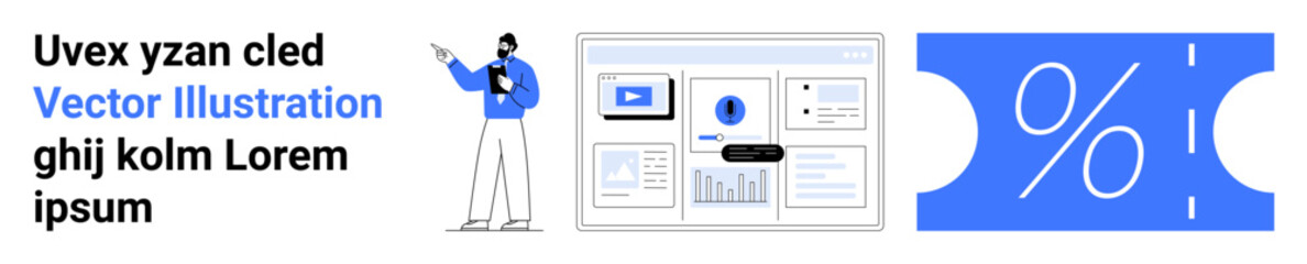 Poster - business character presenting analytics on a data dashboard with bar charts, pie chart, and a coupon