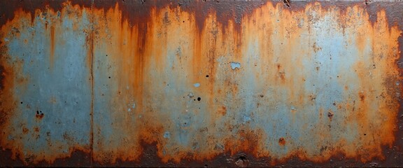 Poster - Rust covers weathered metal sheet surface. Grimy texture shows decay. Brown orange stain patterns form on corroded backdrop. Damaged steel plate showcases aged design ideal for grunge industrial art.