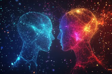 Poster - Digital interconnected human profiles face each other in a vibrant space