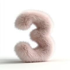 Fototapete - Fluffy light pink letter three in 3D rendering on a pure white background, ideal for modern designs and playful aesthetics