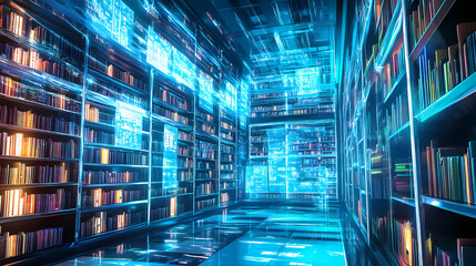 Wall Mural - futuristic digital library where walls are made of interactive holographic screens, books appearing 