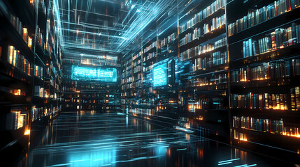 Wall Mural - futuristic digital library where walls are made of interactive holographic screens, books appearing 