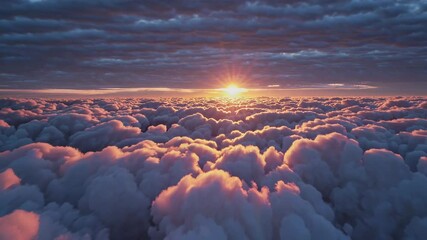 Poster - Sunrise illuminating a sea of fluffy clouds, aerial view. Tranquility and nature inspiration concept