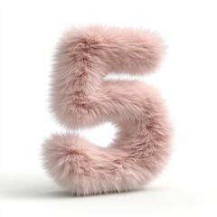 Fototapete - Lovely fluffy letter 5 in soft light pink color displayed on pure white background showcasing 3D rendering with virtual engine and blender techniques