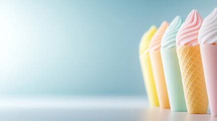 Colorful candy floss cones arranged symmetrically on a neutral surface with bright lighting creating a cheerful and minimalistic display