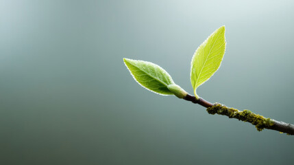 Wall Mural - Tiny green bud emerging from a moss-covered branch against a soft gray-blue background, illuminated by gentle natural light