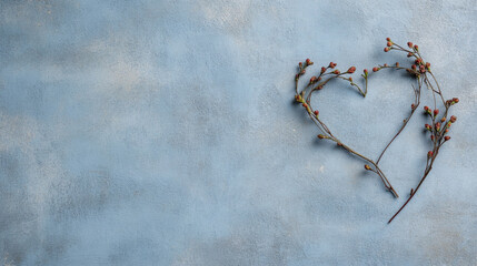 Heart shape created with delicate buds on a textured surface with a soft gray blue background and romantic lighting, perfect for conveying love and tenderness