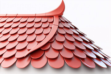 Wall Mural - Close-up of a stylized red roof with rounded shingles, featuring a decorative curved ridge against a plain backdrop.