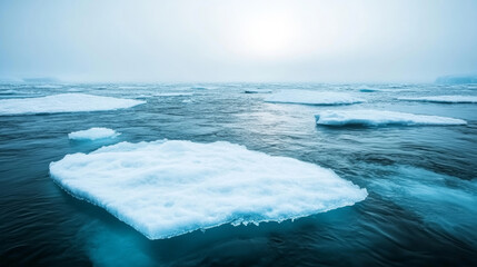 Wall Mural - melting ice floes create abstract patterns on the water's surface with a gray blue background and so