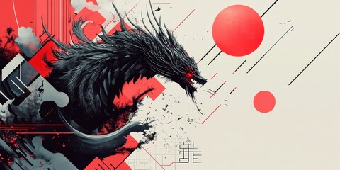 Poster - Abstract illustration of a black dragon with red geometric accents