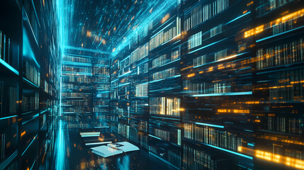 Wall Mural - a visually stunning stock photo of a floating virtual library with infinite rows of books and glowin