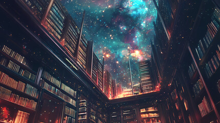 Wall Mural - beyond imagination concept. a library suspended in space with books glowing like constellations, the