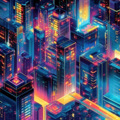Poster - Digital cityscape with glowing buildings and vibrant neon lights