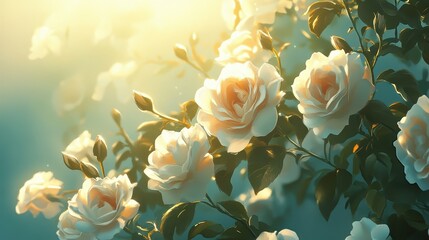 Wall Mural - Beautiful blooming white roses shine illuminated by warm glowing light