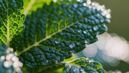 Poster - Close-up of green leaves with water droplets, nature and freshness concept