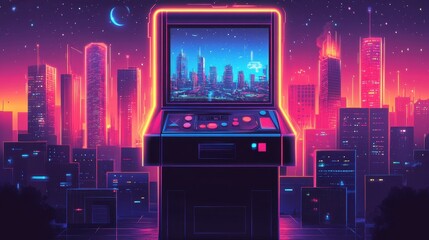 Poster - Retro arcade machine reflects a neon cyberpunk cityscape at night