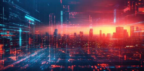 Poster - Digital cityscape glows with a vibrant sunset data overlay