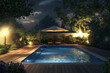 © A10zon - Luxurious backyard swimming pool with wooden deck layout