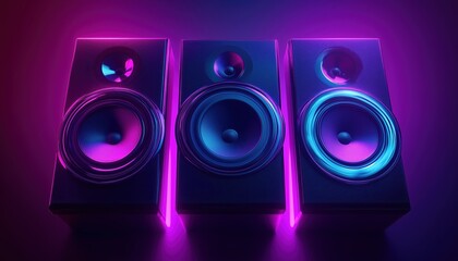 Poster - Dark Neon Light Effect Loudspeaker Rendering For Immersive Audio Experience: A Detailed Representation Of A Loudspeaker With Vibrant Neon Lighting Effect.