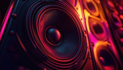 Poster - Dark Neon Light Effect Loudspeaker Rendering, Showcasing A Speaker Design With Striking Neon Lighting Effect For Added Visual Appeal And Impact.