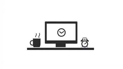 Poster - Simple workspace icon with computer, coffee, and clock. Use Stock photo for productivity or office setting