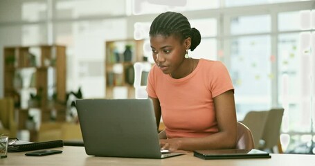 Poster - Tablet, computer and professional black woman in the office doing research for creative project. Digital technology, career and young African female designer working on laptop in modern workplace.
