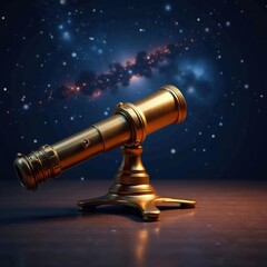 Gold and bronze telescope lying on a darkened astronomy floor, cosmos, gold, metallic