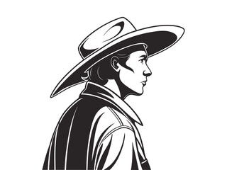 Western cowboy in a duster coat and hat, black silhouette, rugged and bold, isolated in white. Ideal for Western-themed designs, logos, and digital artwork. white background, flat vector