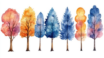 Wall Mural - A watercolor illustration of various trees in vibrant autumn colors.