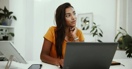 Poster - Thinking, writer and woman with laptop, home and planning for story of ebook, freelancer and online. Remote work, daydreaming and Indian person with tech for publishing, creative and ideas for novel