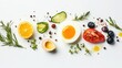 © Olena - healthy and appetizing breakfast Overhead shot of a fresh, healthy food ingredients including fruits, vegetables, egg, and herbs on a white background.