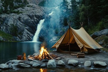 Wall Mural - Tent camping near fire by water with waterfall, mountains, and trees for outdoor adventure use