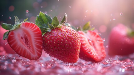 Wall Mural - Fresh strawberries splashing in water, showcasing vibrant colors and freshness.