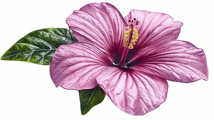 Poster - Pink hibiscus flower, leaves, white background; floral design