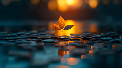 Sticker - Plant sprout amidst coins sunset